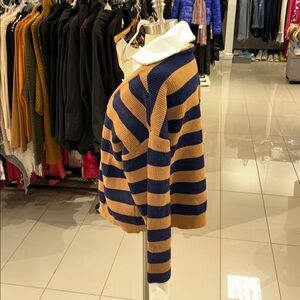 Striped Bobbles & Lace Sweater With Ivory Zip-Up Collar